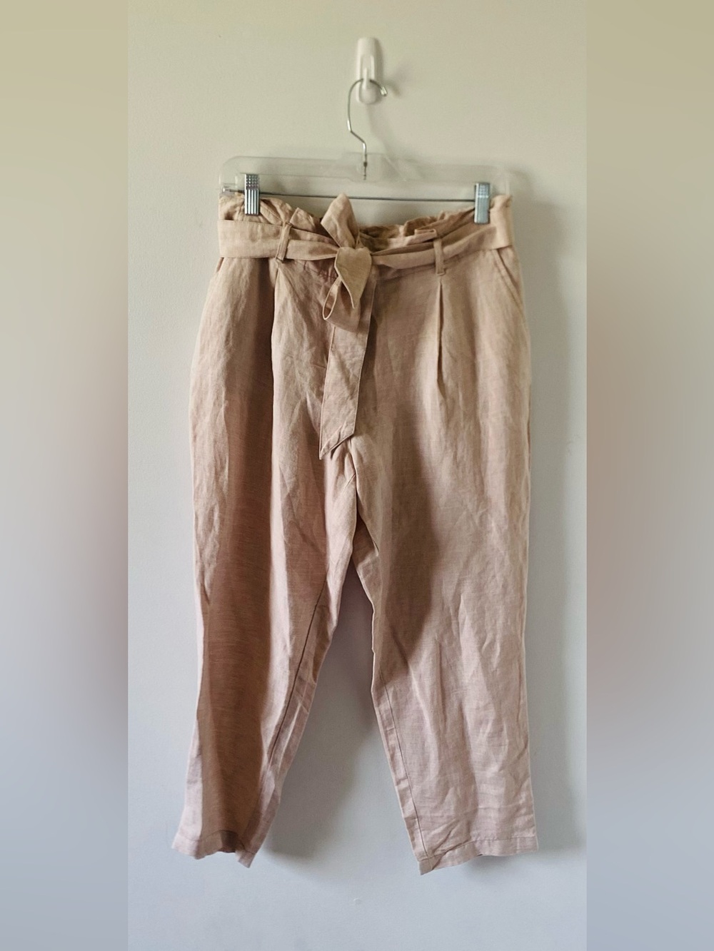 LOFT Tan Paperbag Waist Linen Blend Chinos w/Tie Belt Size M Minimalist Feminine